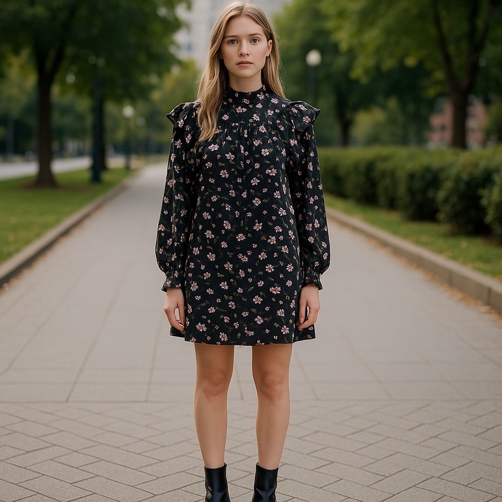 Wayf Black Floral Long Sleeve Dress